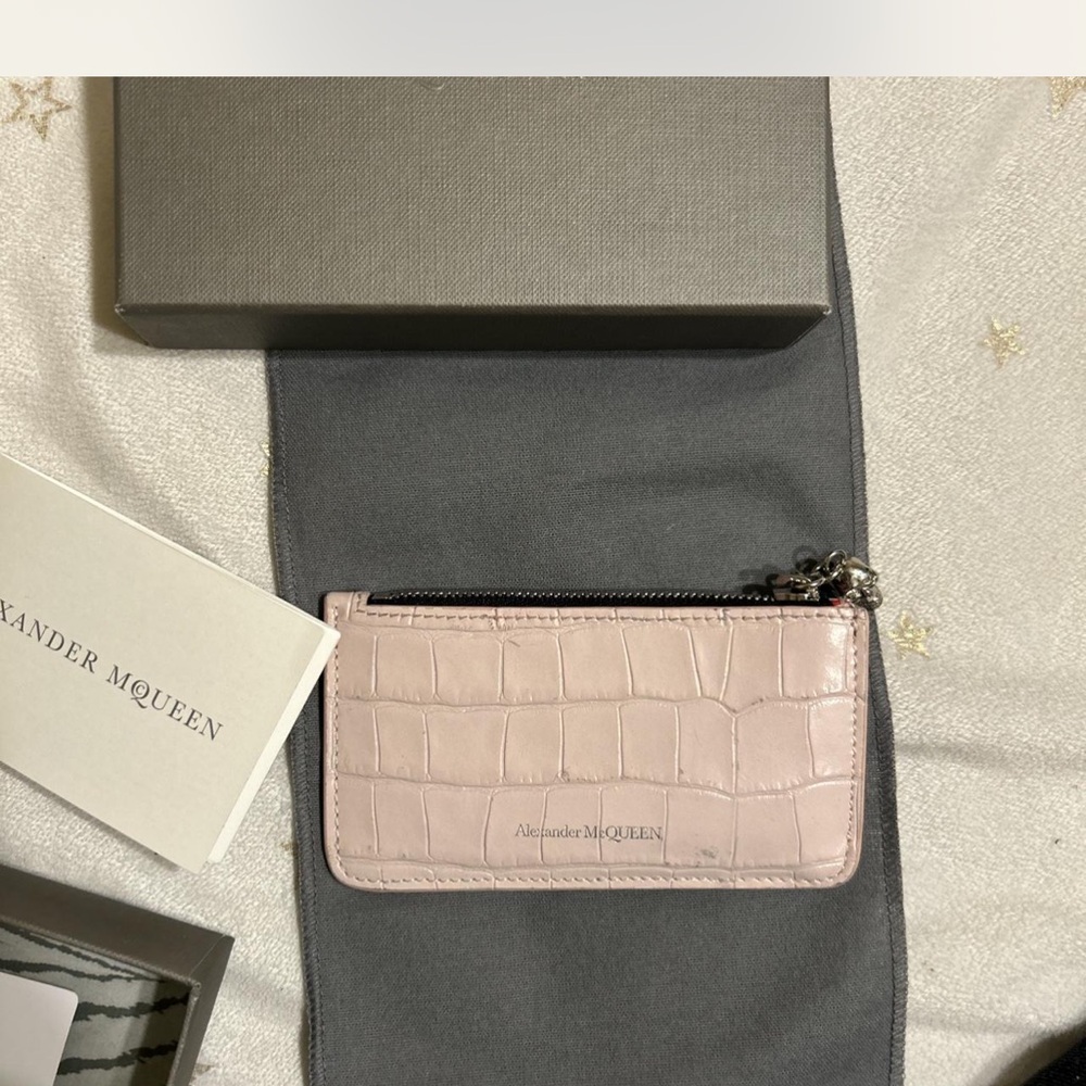 Alexander McQueen Blush Croc-Embossed Card Holder with Skull Charm
